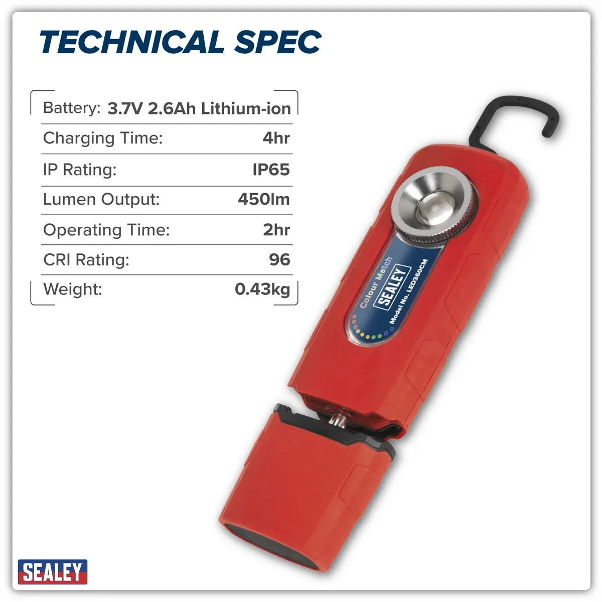 Sealey 360° Rechargeable 5W COB LED Inspection Lamp Colour Matching CRI 95 White Rose Tools