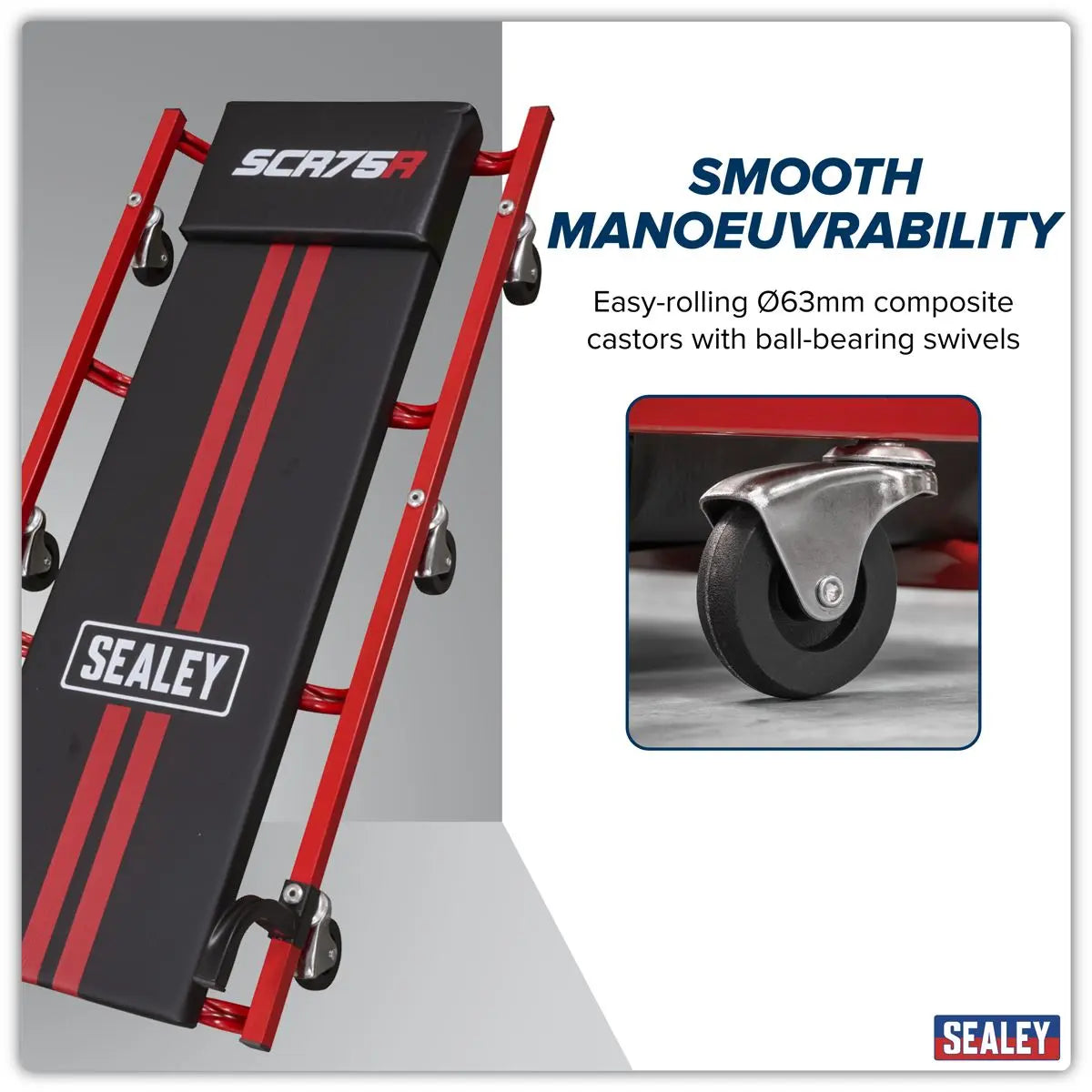 Sealey 36" Deluxe American-Style Creeper with Steel Frame & 6 Wheels - Red White Rose Tools