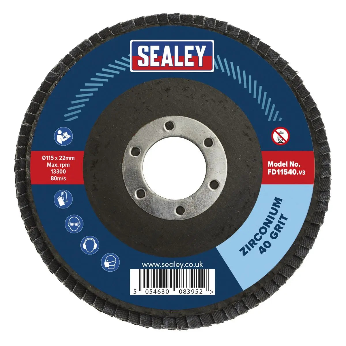 Sealey 40Grit Flap Discs Zirconium Ø115mm Ø22mm Bore - Pack of 10