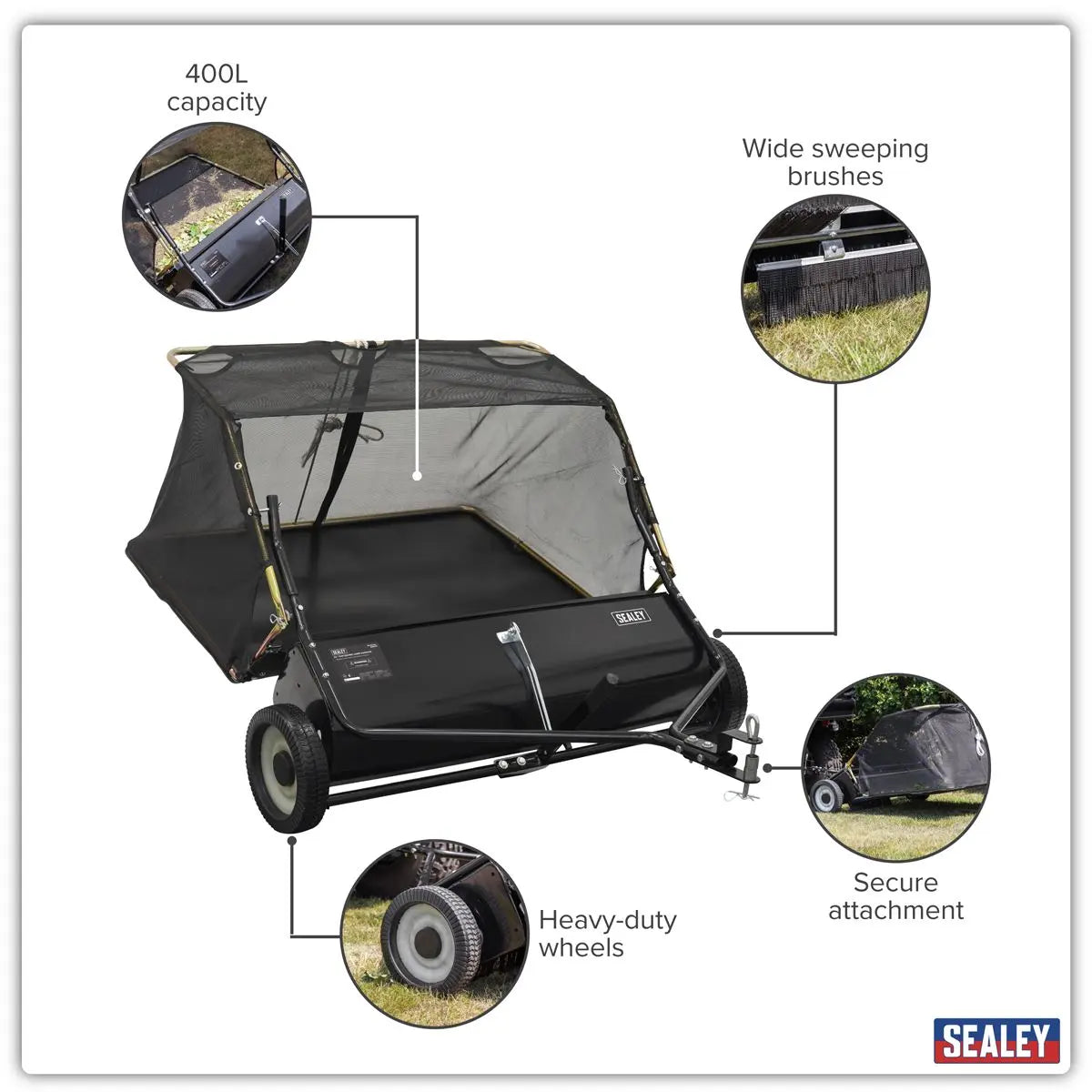 Sealey 42" Tow-Behind Lawn Sweeper White Rose Tools