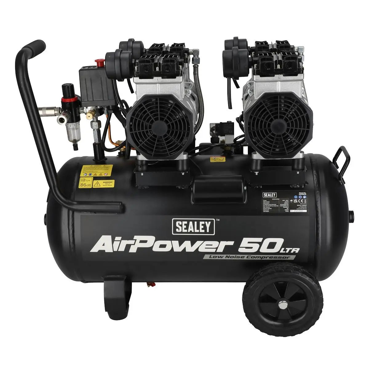 Sealey 50L Low Noise Oil Free Direct Drive Air Compressor 2 x 2hp  White Rose Tools