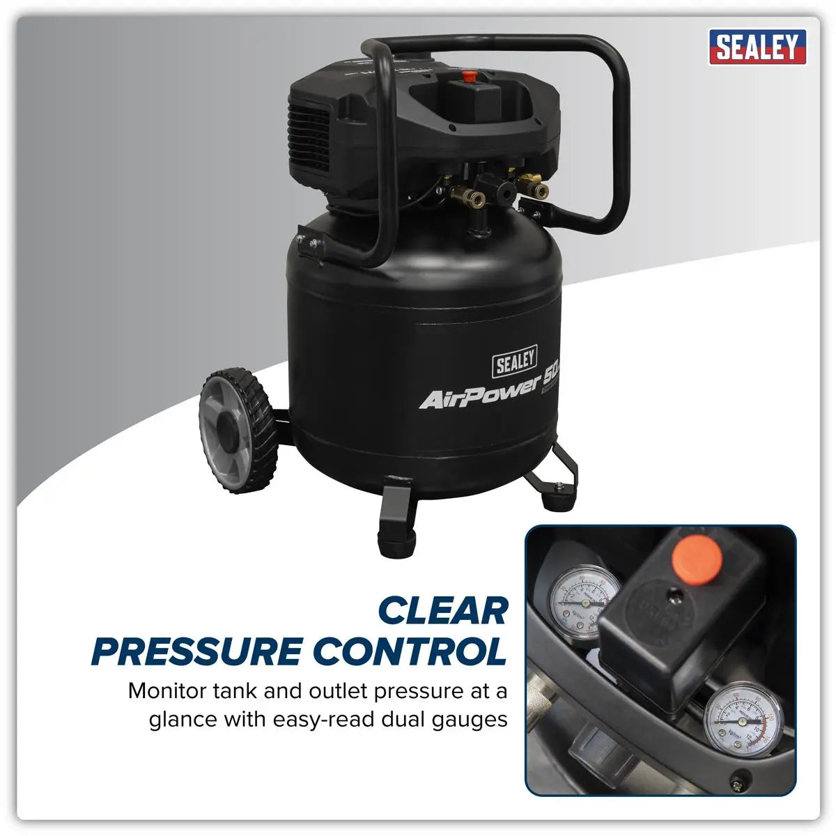 Sealey 50L Oil Free Belt Drive Vertical Compressor 2hp White Rose Tools