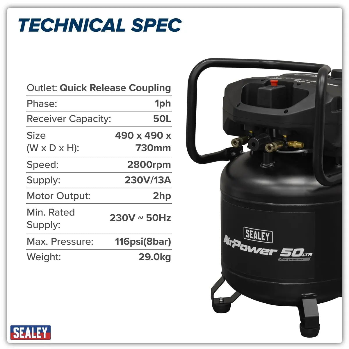 Sealey 50L Oil Free Belt Drive Vertical Compressor 2hp White Rose Tools