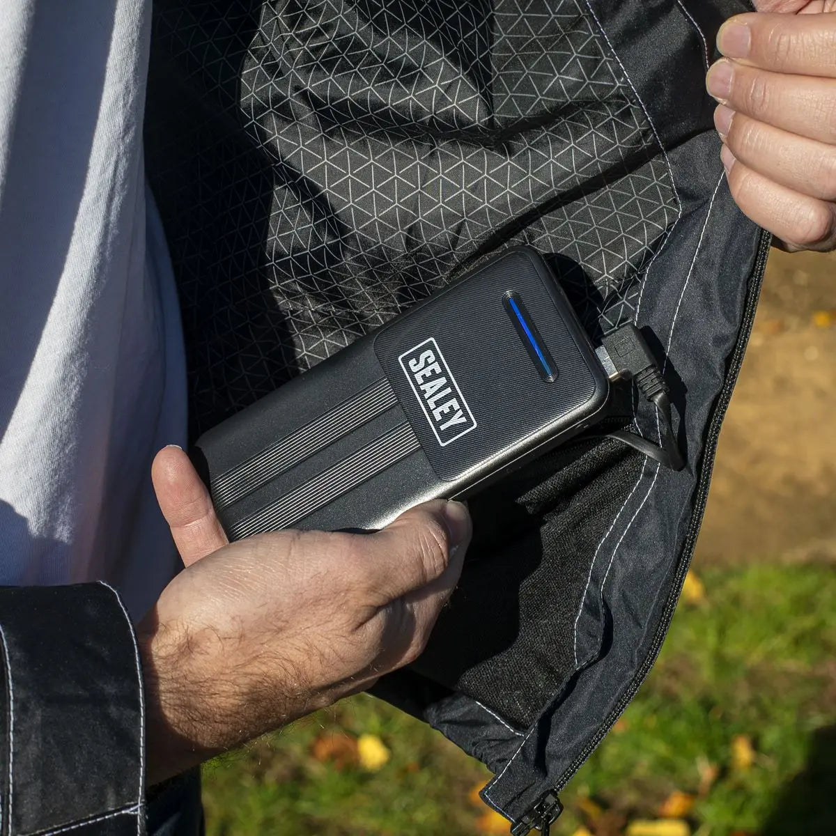Sealey 5V Heated Rain Jacket with Power Bank 20Ah - Medium White Rose Tools