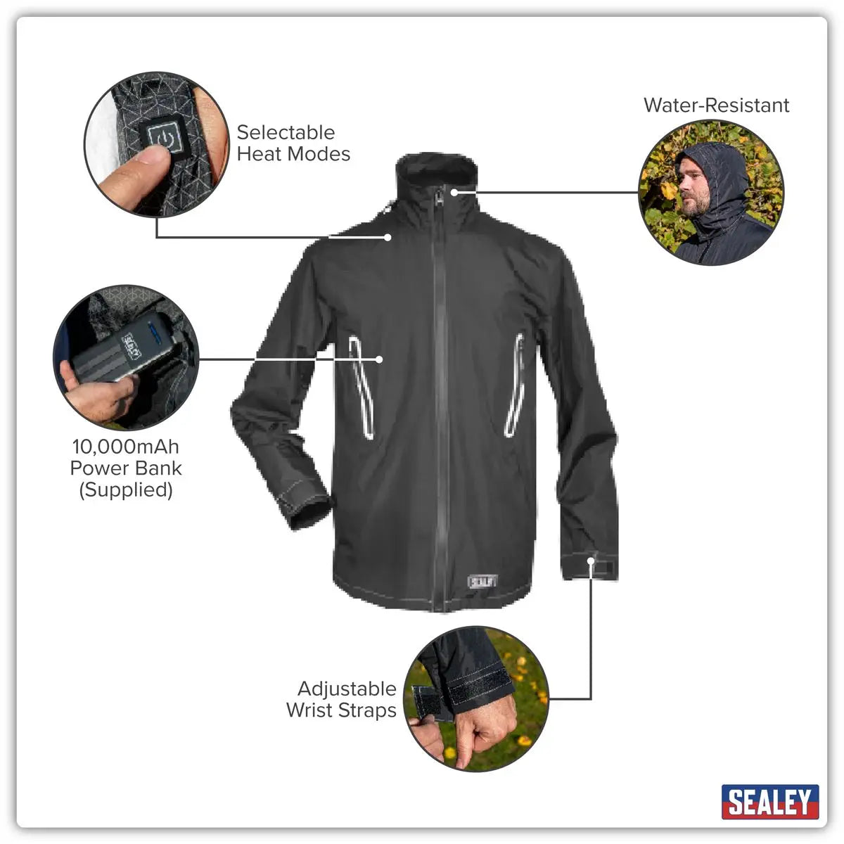 Sealey 5V Heated Rain Jacket with Power Bank 20Ah - Medium White Rose Tools