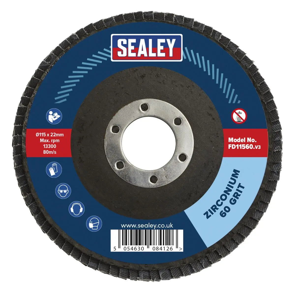 Sealey 60Grit Flap Discs Zirconium Ø115mm Ø22mm Bore - Pack of 10 White Rose Tools