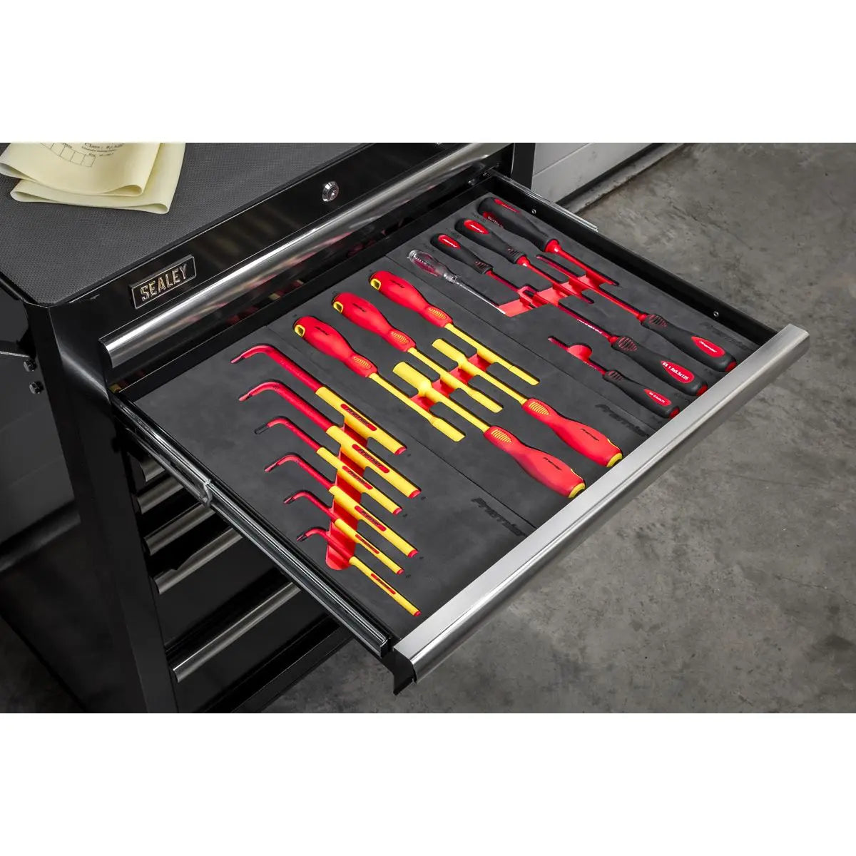 Sealey 63pc Insulated Tool Kit with 7 Drawer Rollcab  White Rose Tools