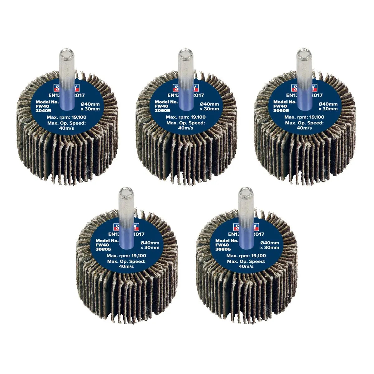 Sealey Abrasive Flap Wheel Ø40 x 30mm Ø6mm Shaft Assorted Grit - Pack of 5 White Rose Tools