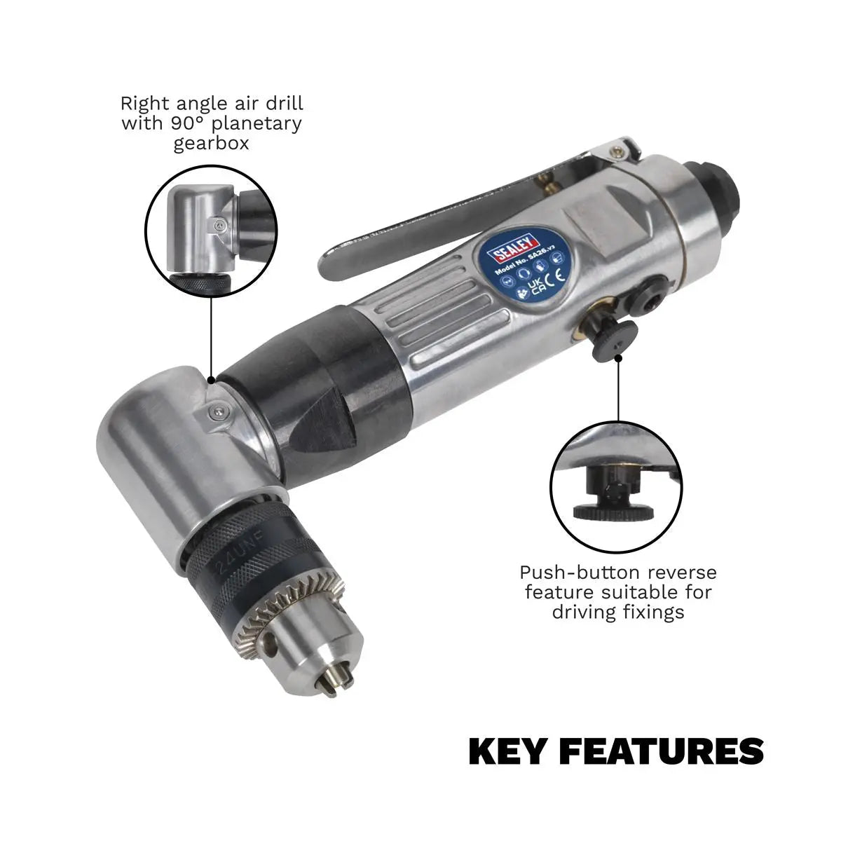 Sealey Air Angle Drill Ø10mm Reversible