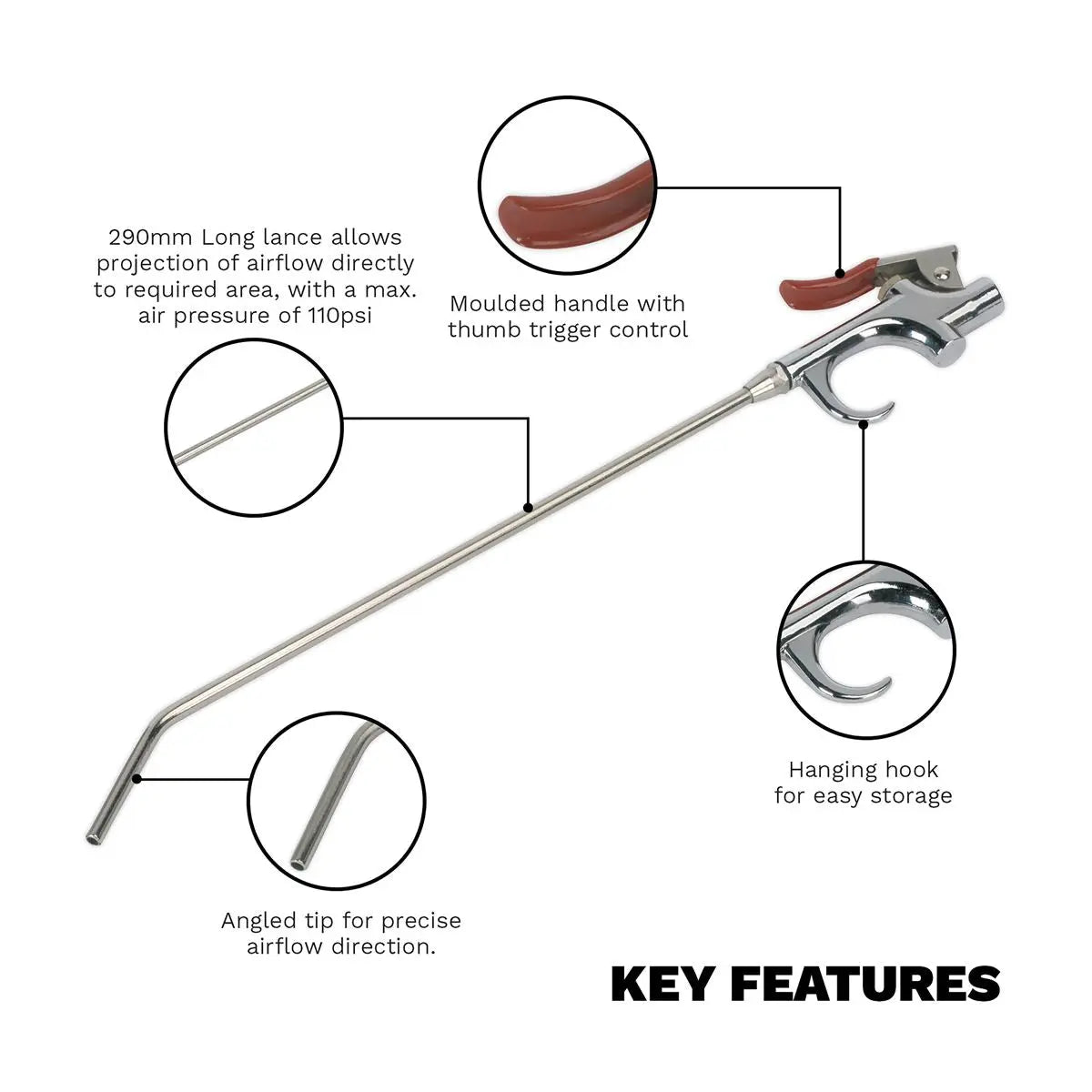 Sealey Air Blow Gun Palm Type 290mm with 1/4"BSP Air Inlet