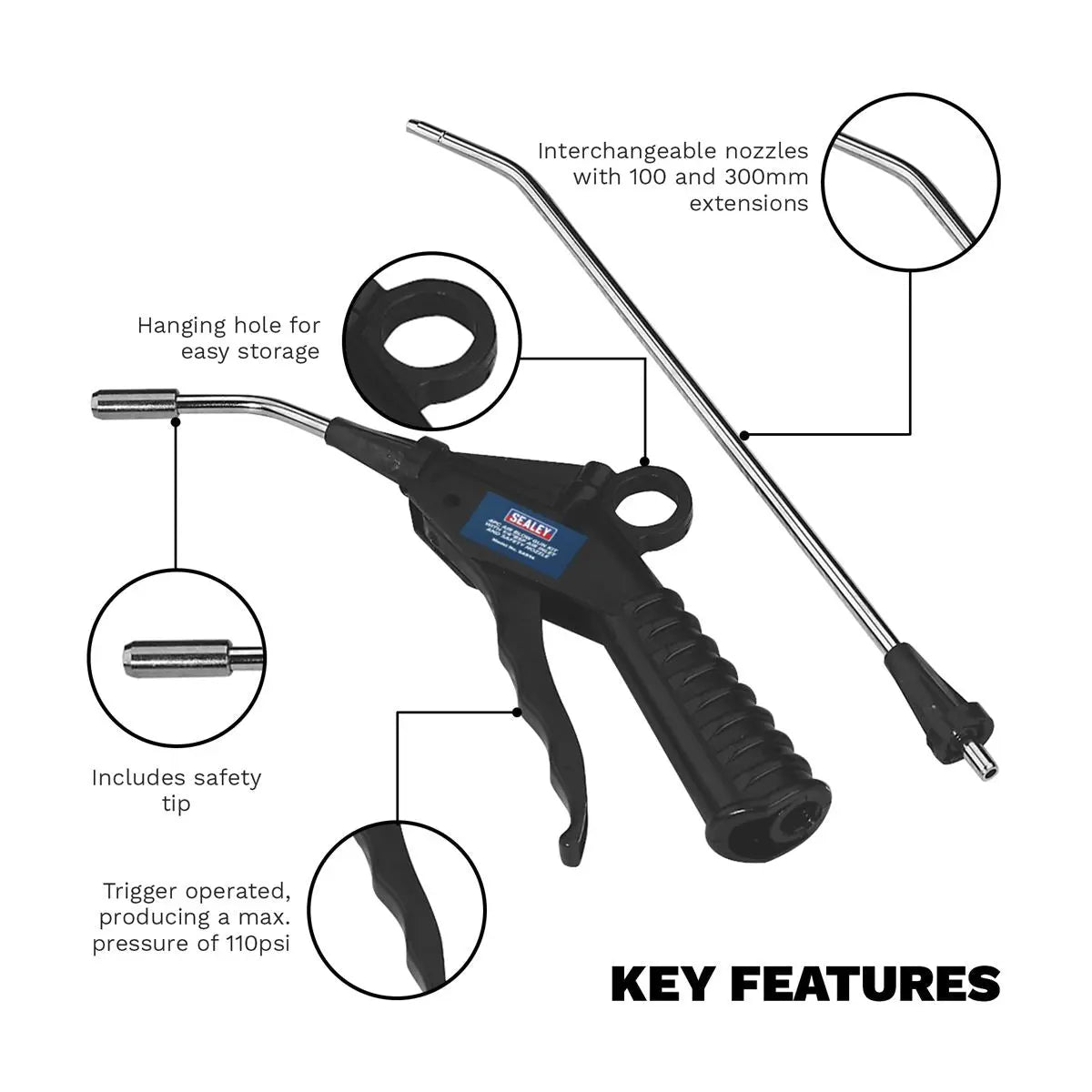 Sealey Air Blow Gun with Safety Nozzle & 2 Extensions 1/4" BSP