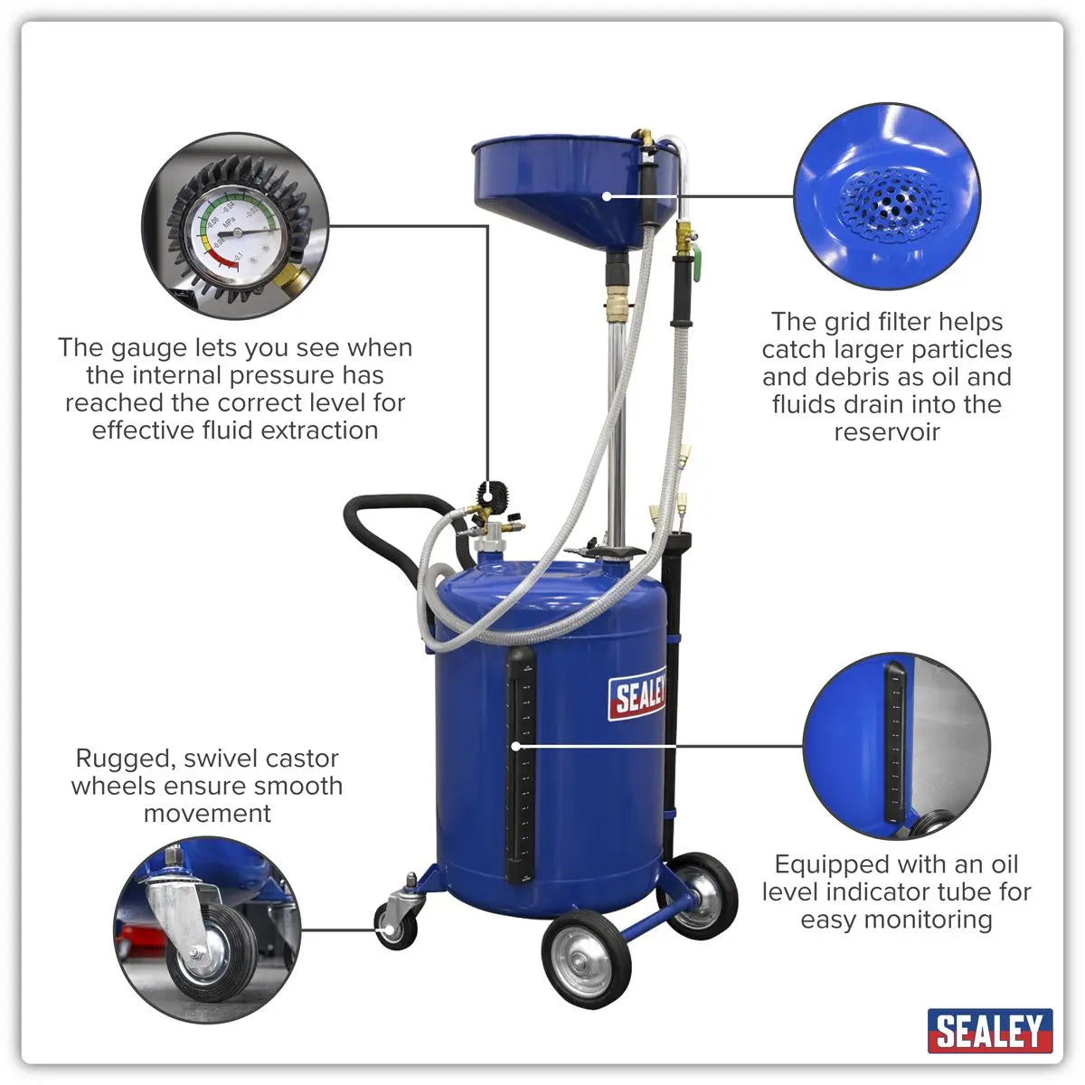 Sealey Air Discharge Mobile Oil Drainer with Probes 90L White Rose Tools