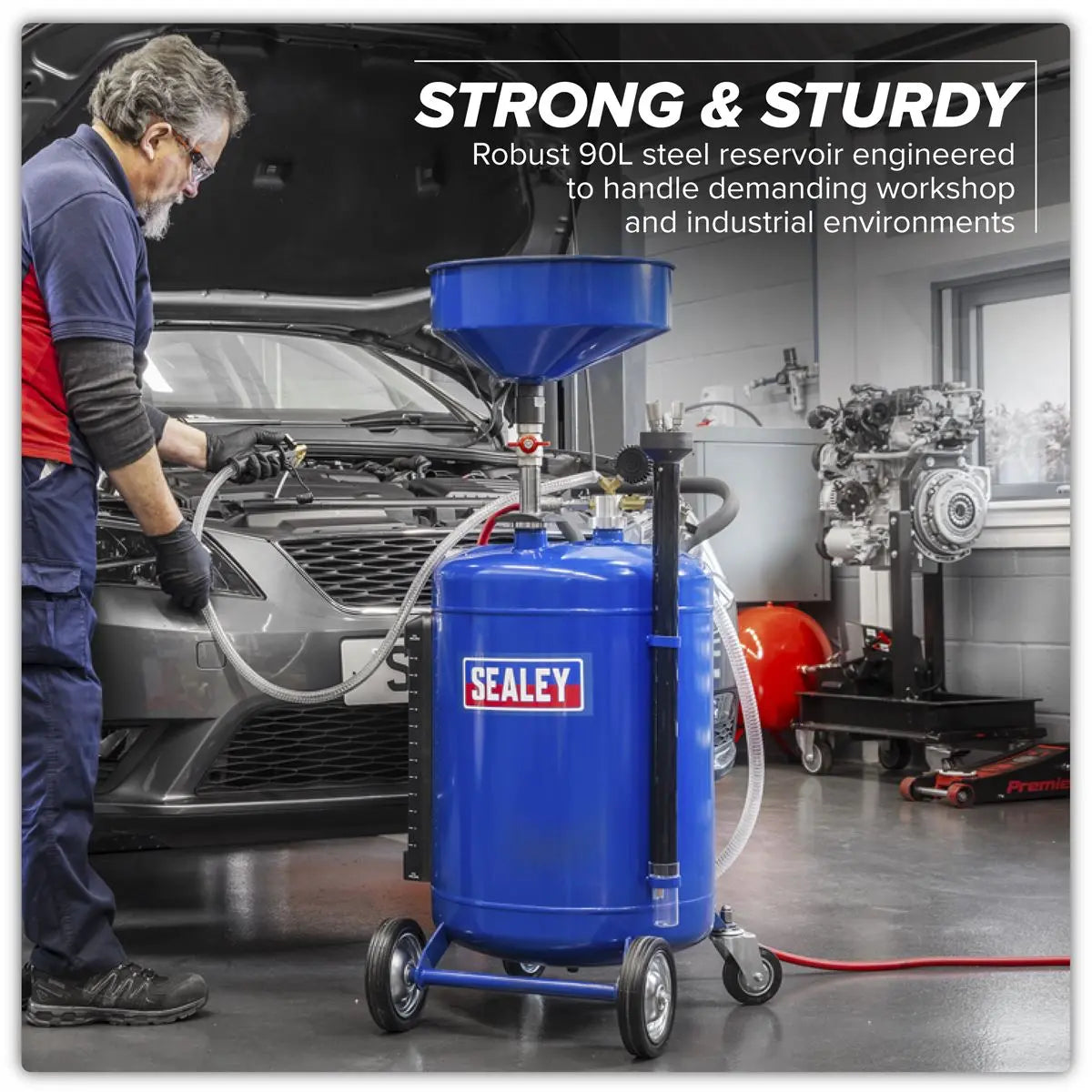 Sealey Air Discharge Mobile Oil Drainer with Probes 90L White Rose Tools