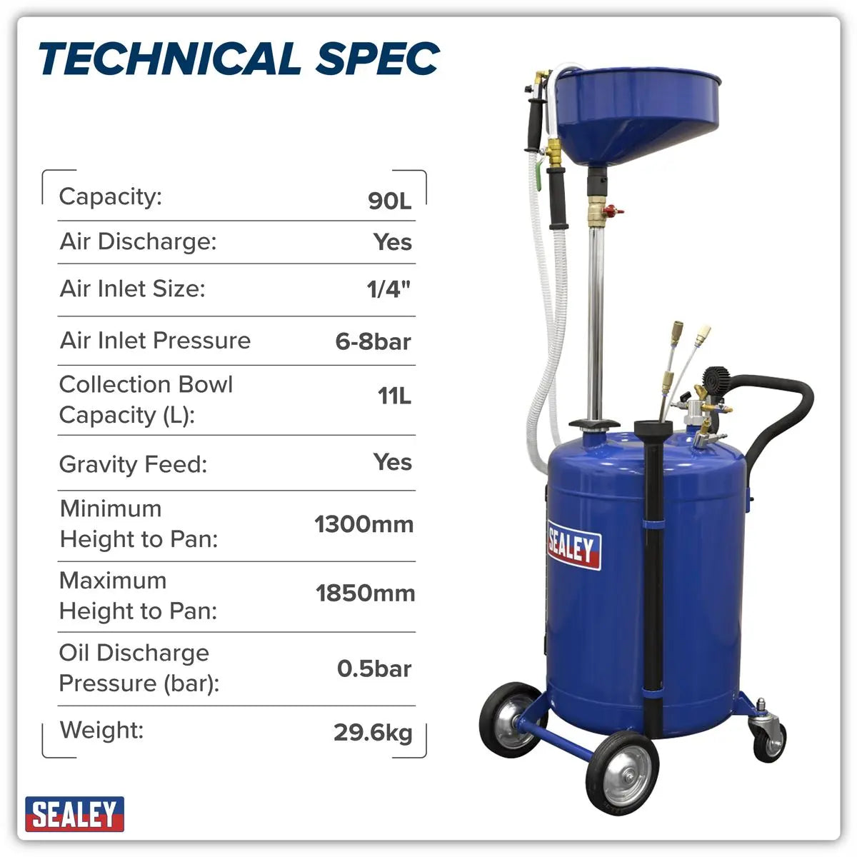 Sealey Air Discharge Mobile Oil Drainer with Probes 90L White Rose Tools