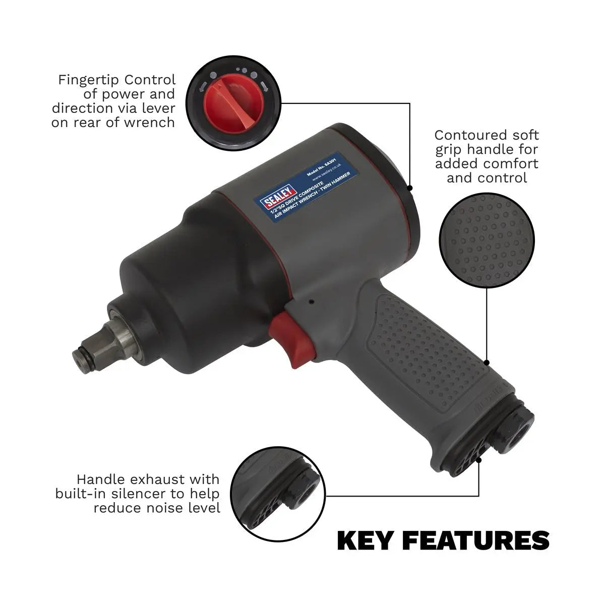 Sealey Air Impact Wrench 1/2" Drive Composite Twin Hammer Wheel Buzz Gun 610Nm