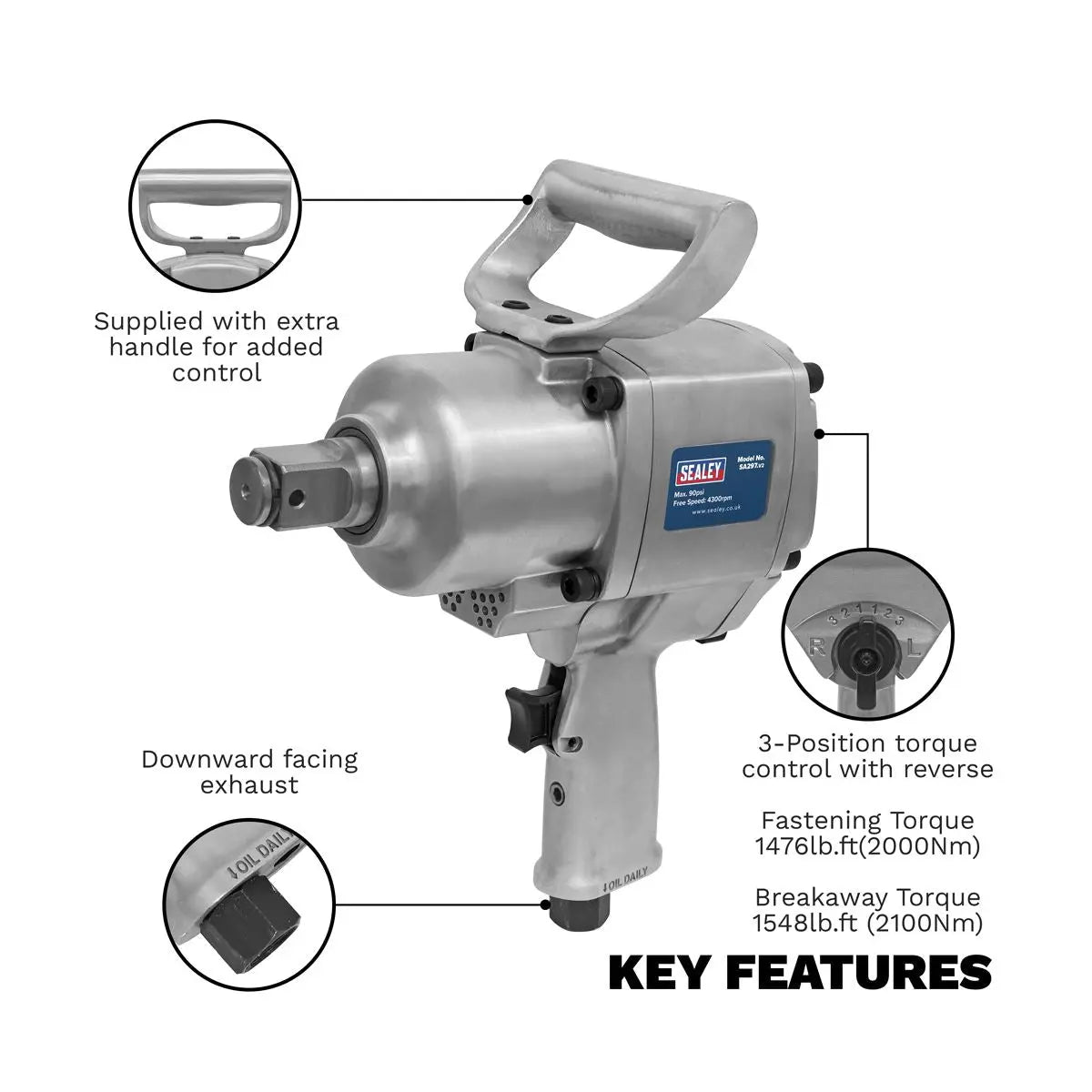 Sealey Air Impact Wrench 1"Sq Drive Pistol Type - Twin Hammer