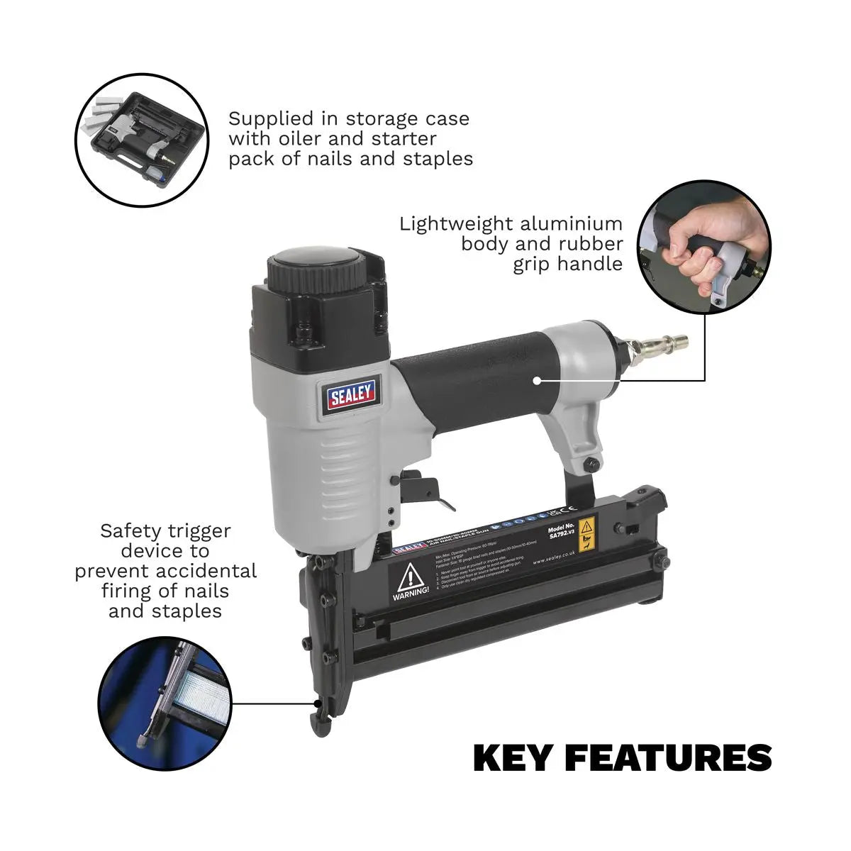 Sealey Air Nail Staple Gun 10-50mm Nails 10-40mm Staples Capacity Nailer Stapler