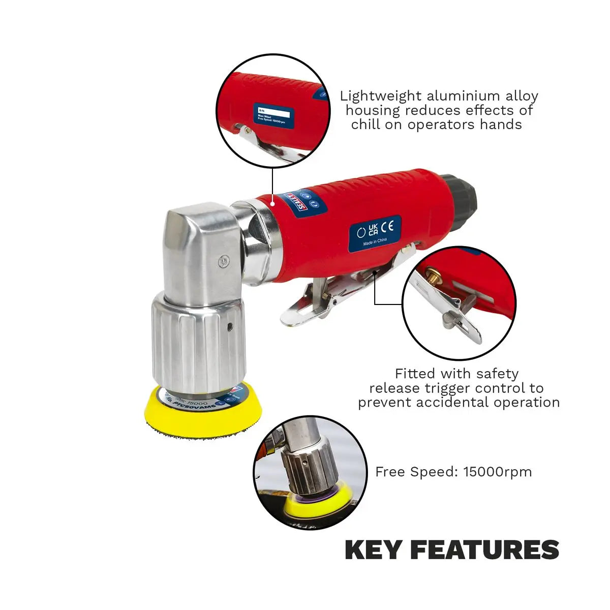 Sealey Air Orbital Sander 50mm Mini Disc Compressor Sanding Tool 1/4" BSP