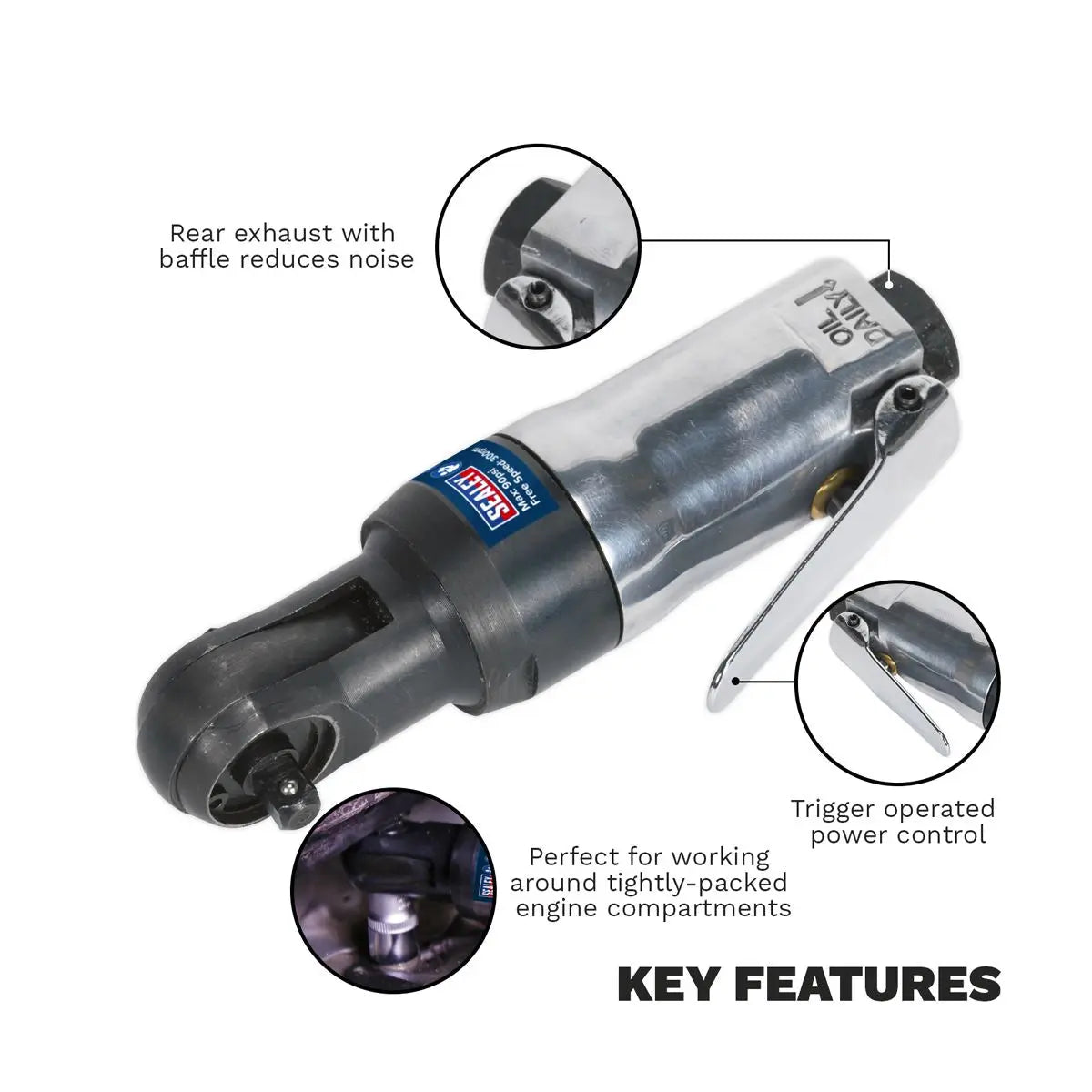 Sealey Air Ratchet Wrench 1/4"Sq Drive Super Stubby