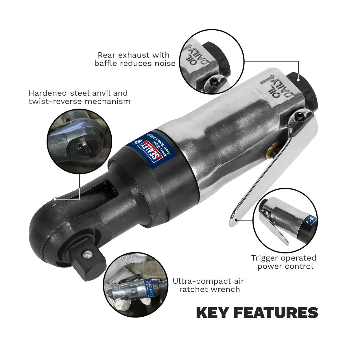Sealey Air Ratchet Wrench 3/8"Sq Drive Super Stubby