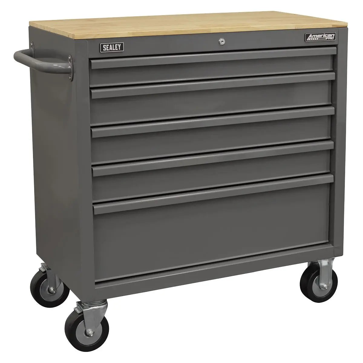 Sealey American PRO® Mobile Workstation with Wooden Worktop 5 Drawer - Grey White Rose Tools