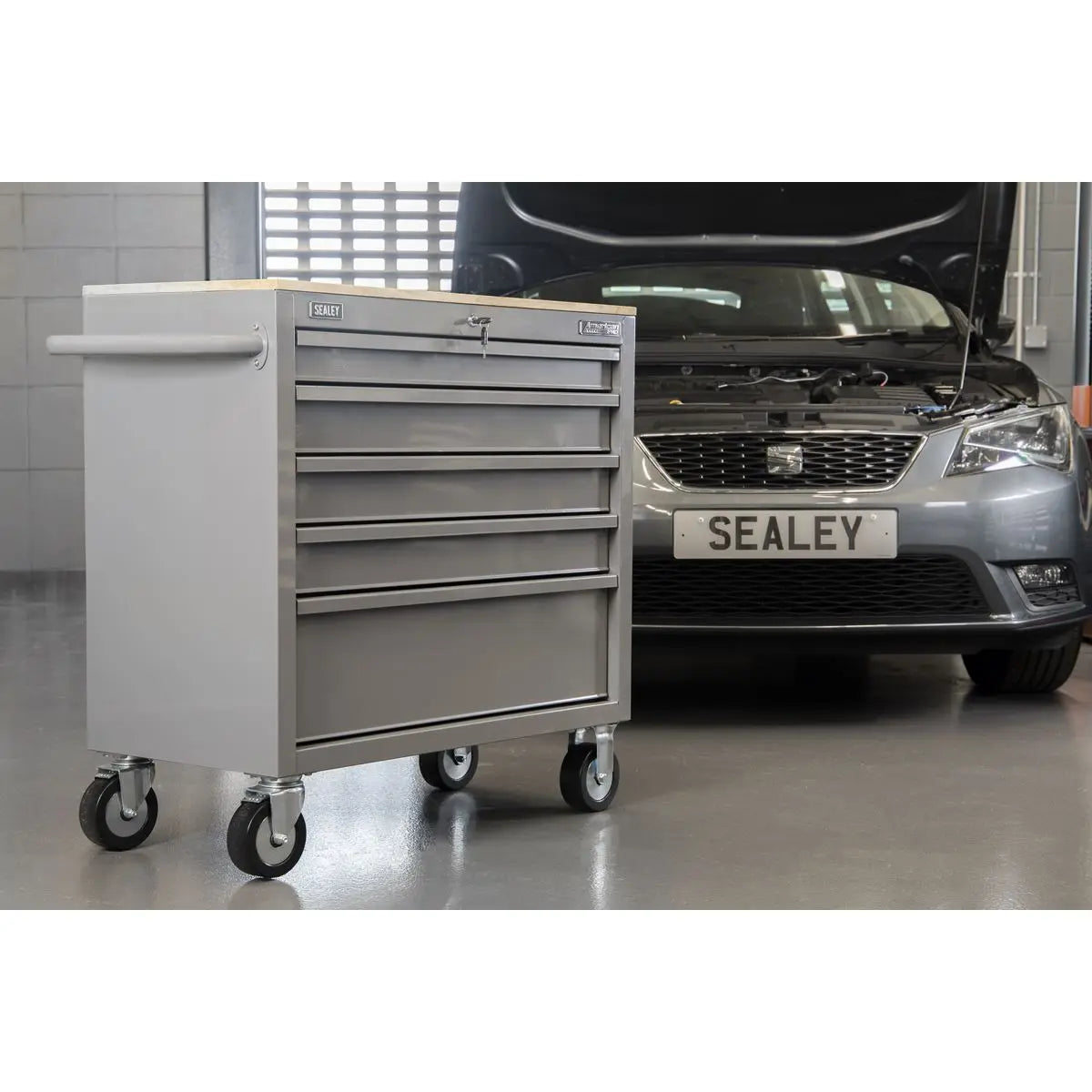 Sealey American PRO® Mobile Workstation with Wooden Worktop 5 Drawer - Grey White Rose Tools