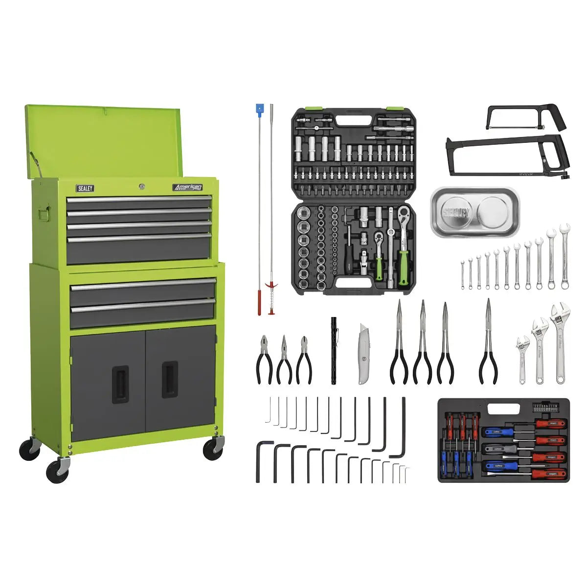 Sealey American Pro 6 Drawer Topchest & Rollcab Combination with Ball-Bearing Slides - Green/Grey & 170pc Tool Kit