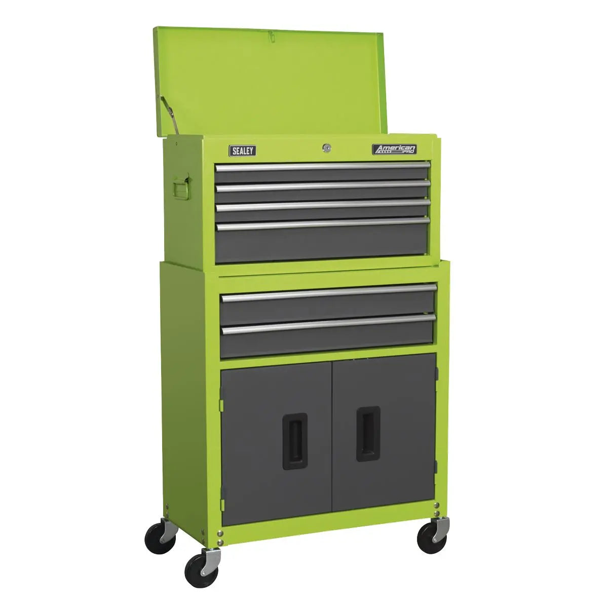 Sealey American Pro 6 Drawer Topchest & Rollcab Combination with Ball-Bearing Slides - Green/Grey & 170pc Tool Kit
