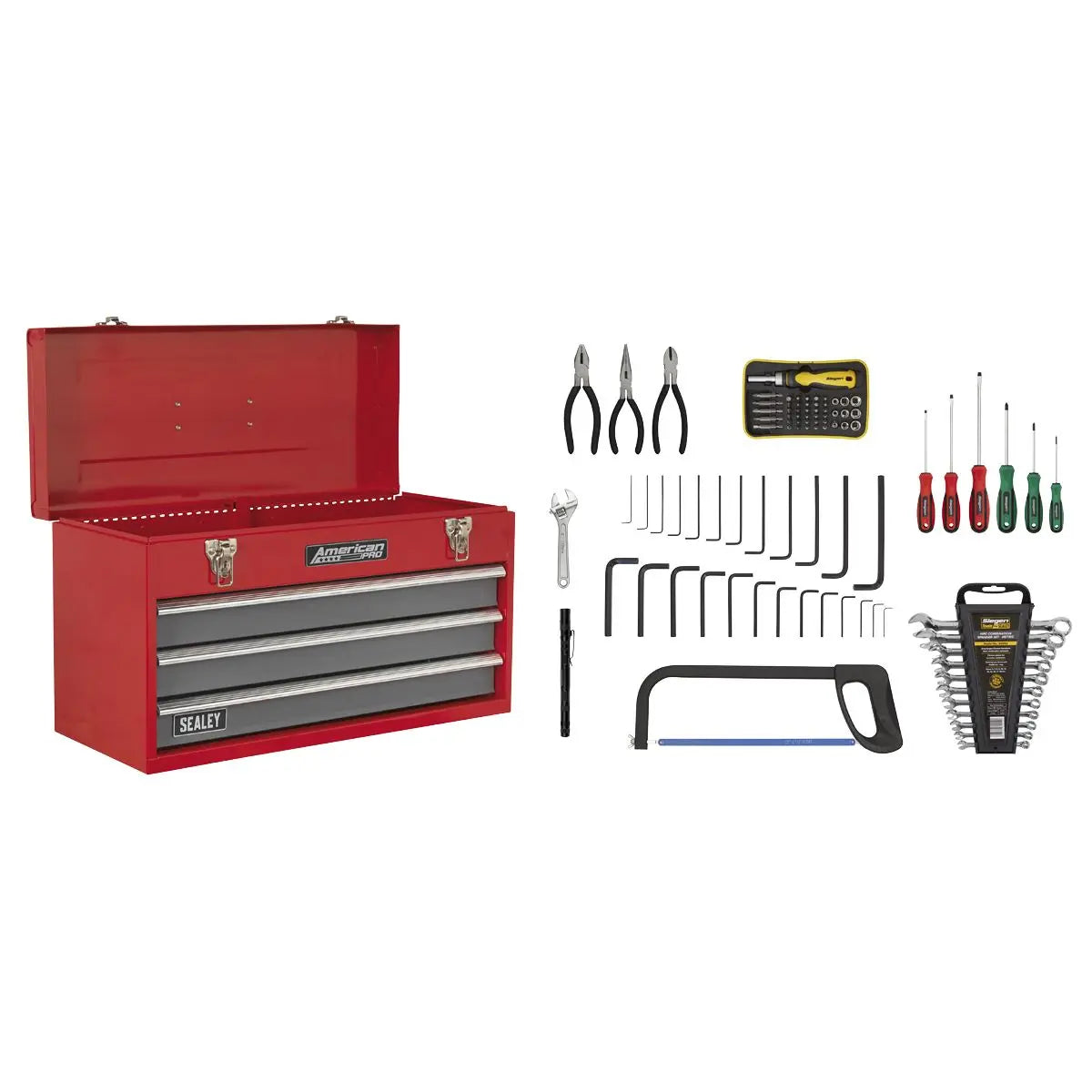 Sealey American Pro Portable Tool Chest 3 Drawer with Ball-Bearing Slides - Red/Grey & 93pc Tool Kit