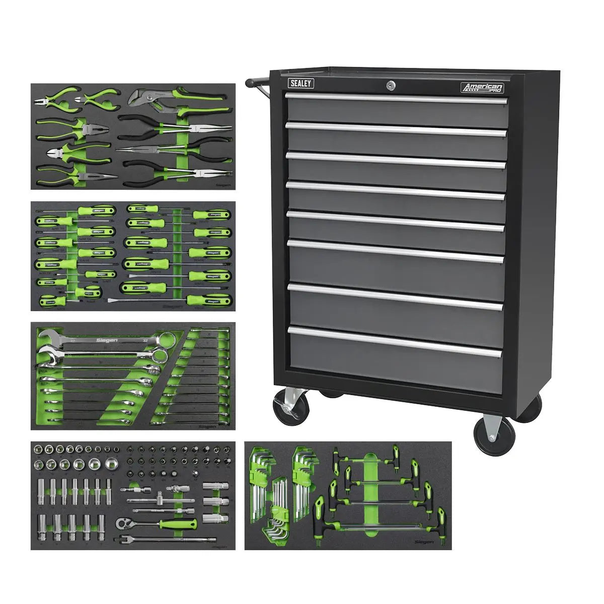 Sealey American Pro Rollcab 8 Drawer with Ball-Bearing Slides - Black/Grey & 302pc Tool Kit