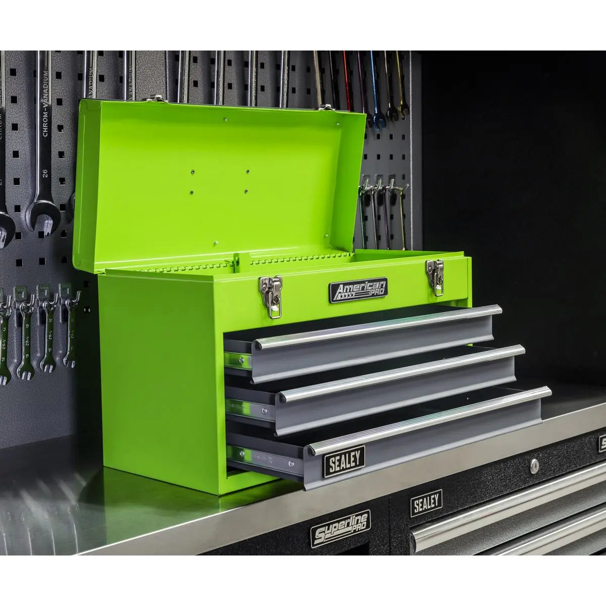 Sealey American Pro Tool Chest 3 Drawer Portable with Ball-Bearing Slides - Green/Grey