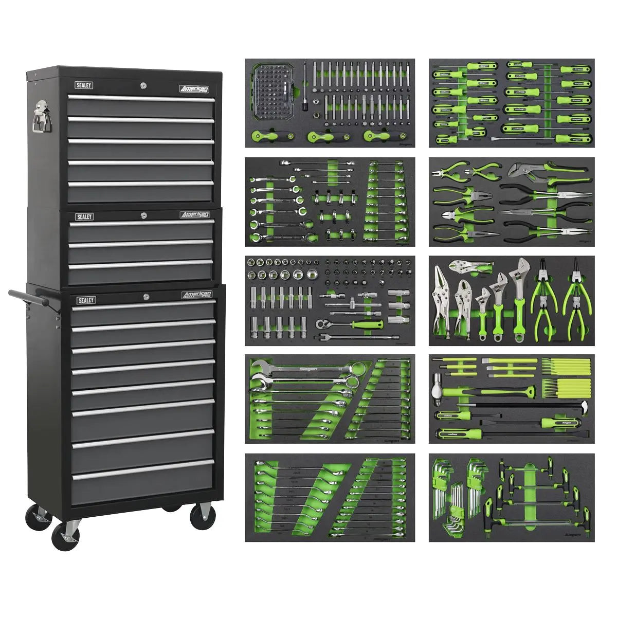 Sealey American Pro Tool Chest Combination 16 Drawer with Ball-Bearing Slides - Black/Grey & 468pc Tool Kit