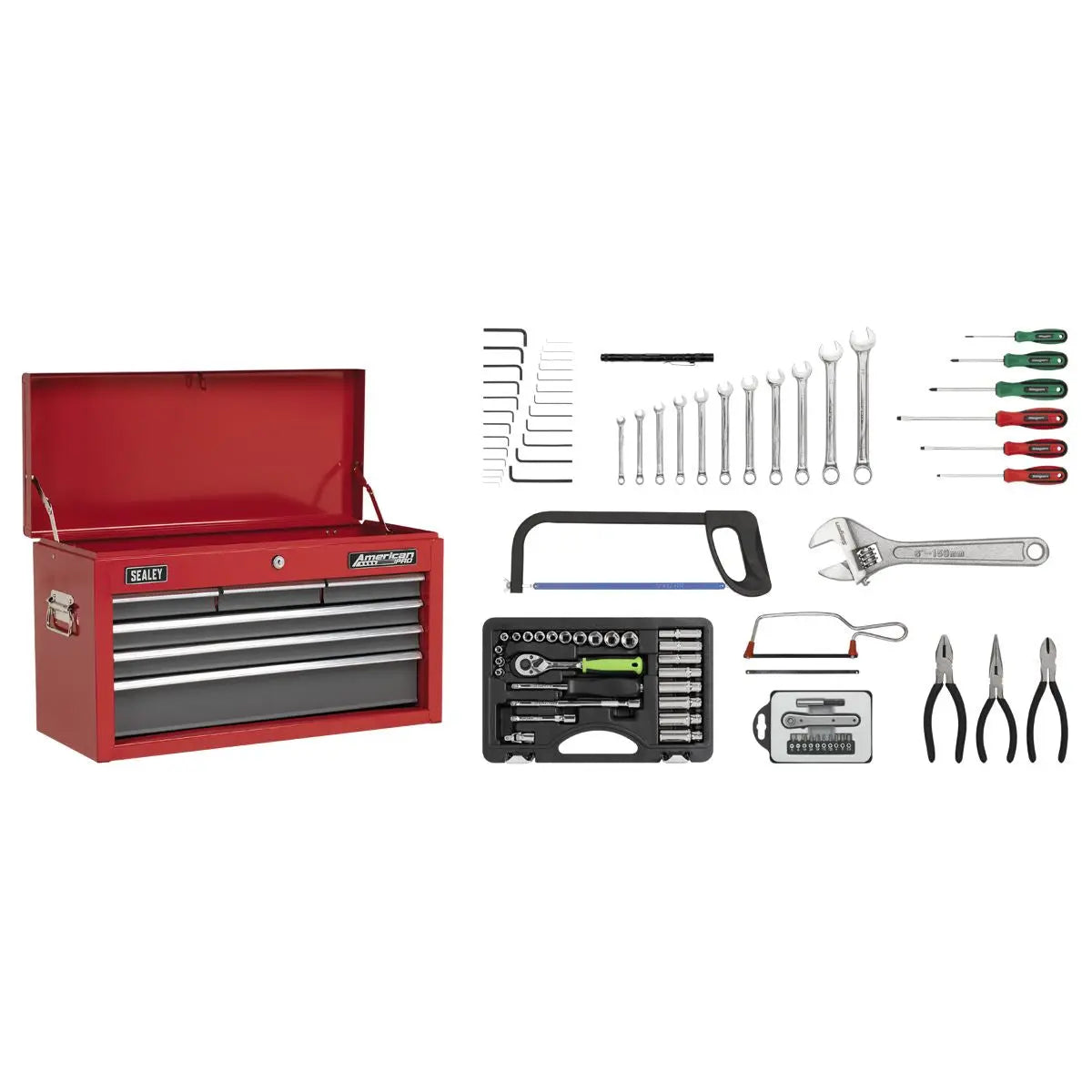 Sealey American Pro Topchest 6 Drawer with Ball-Bearing Slides - Red/Grey & 98pc Tool Kit