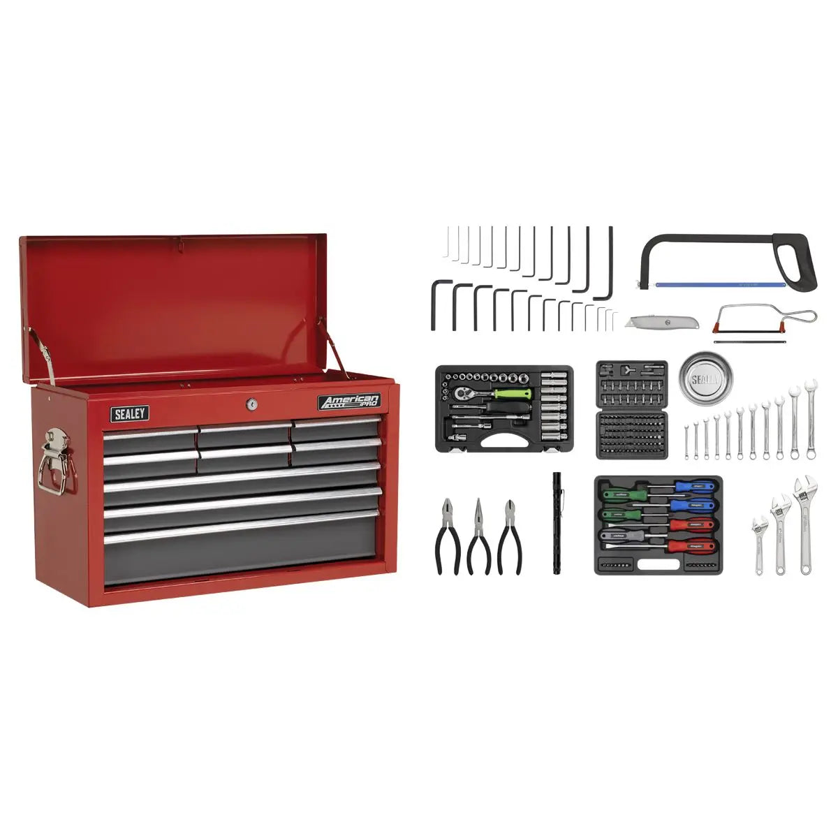 Sealey American Pro Topchest 9 Drawer with Ball-Bearing Slides - Red/Grey & 205pc Tool Kit