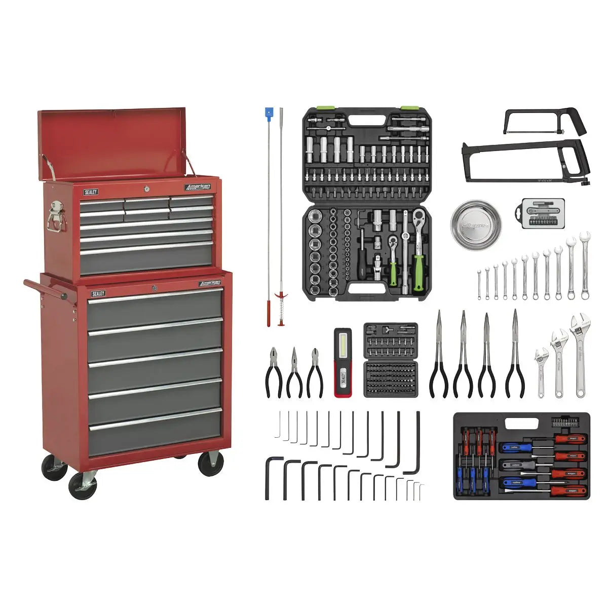 Sealey American Pro Topchest & Rollcab Combination 14 Drawer with Ball-Bearing Slides - Red/Grey & 281pc Tool Kit