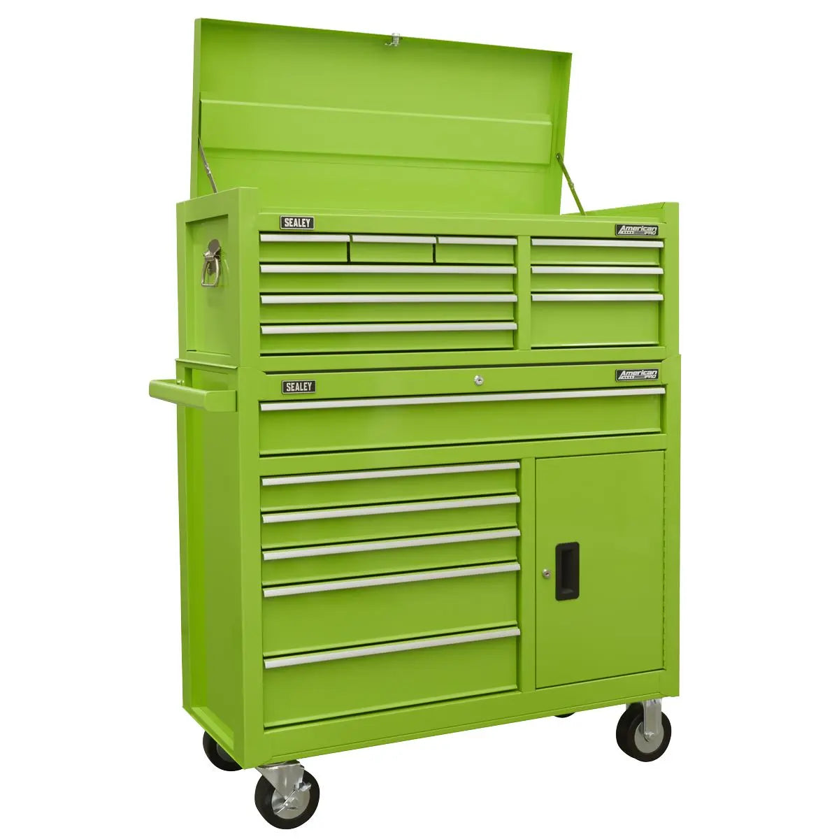 Sealey American Pro Topchest & Rollcab Combination 15 Drawer with Ball-Bearing Slides - Green White Rose Tools