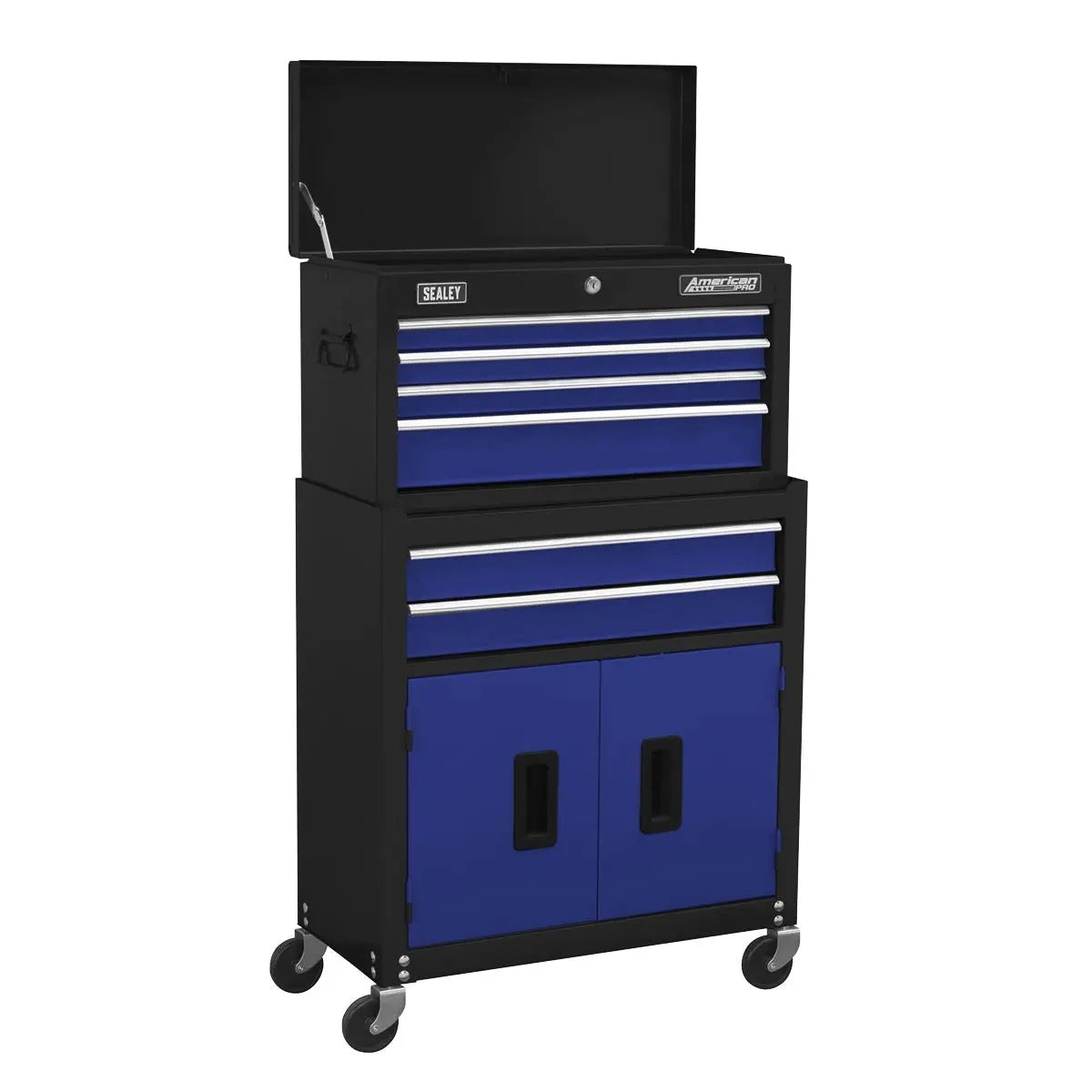 Sealey American Pro Topchest & Rollcab Combination 6 Drawer with Ball-Bearing Slides - Blue/Black & 170pc Tool Kit