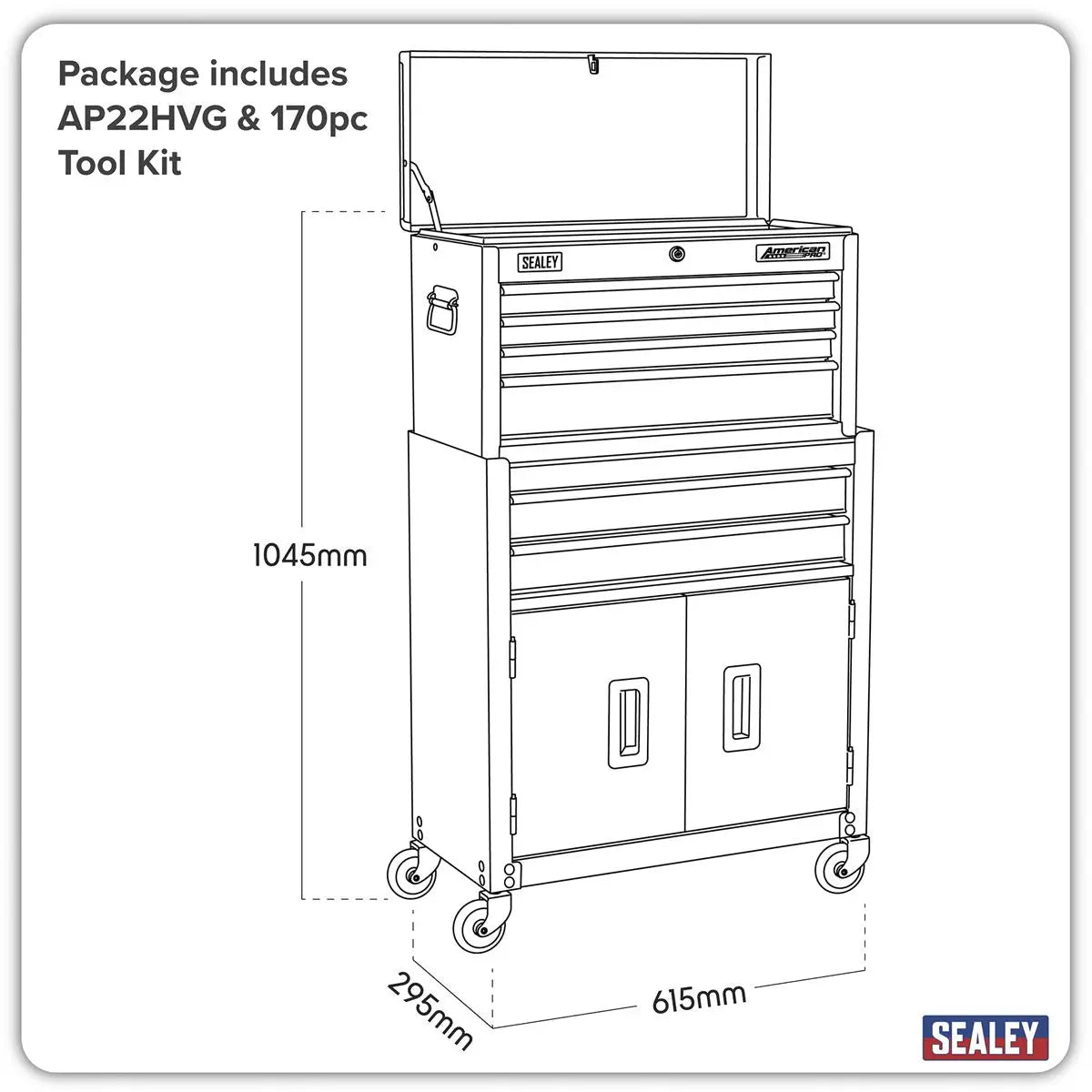 Sealey American Pro Topchest & Rollcab Combination 6 Drawer with Ball-Bearing Slides - Green/Black & 170pc Tool Kit