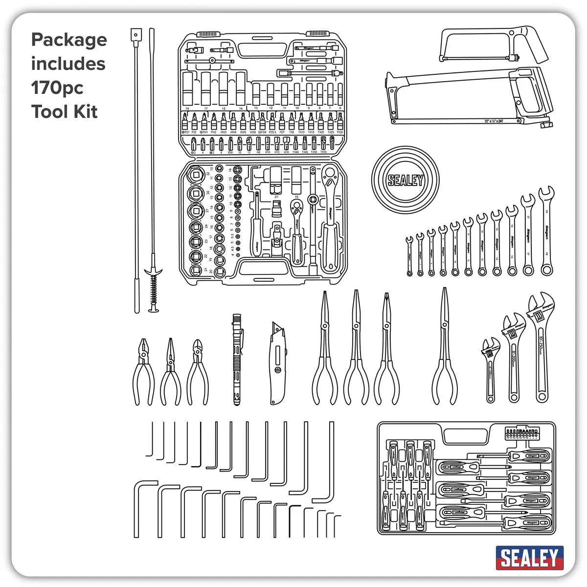 Sealey American Pro Topchest & Rollcab Combination 6 Drawer with Ball-Bearing Slides - Green/Black & 170pc Tool Kit