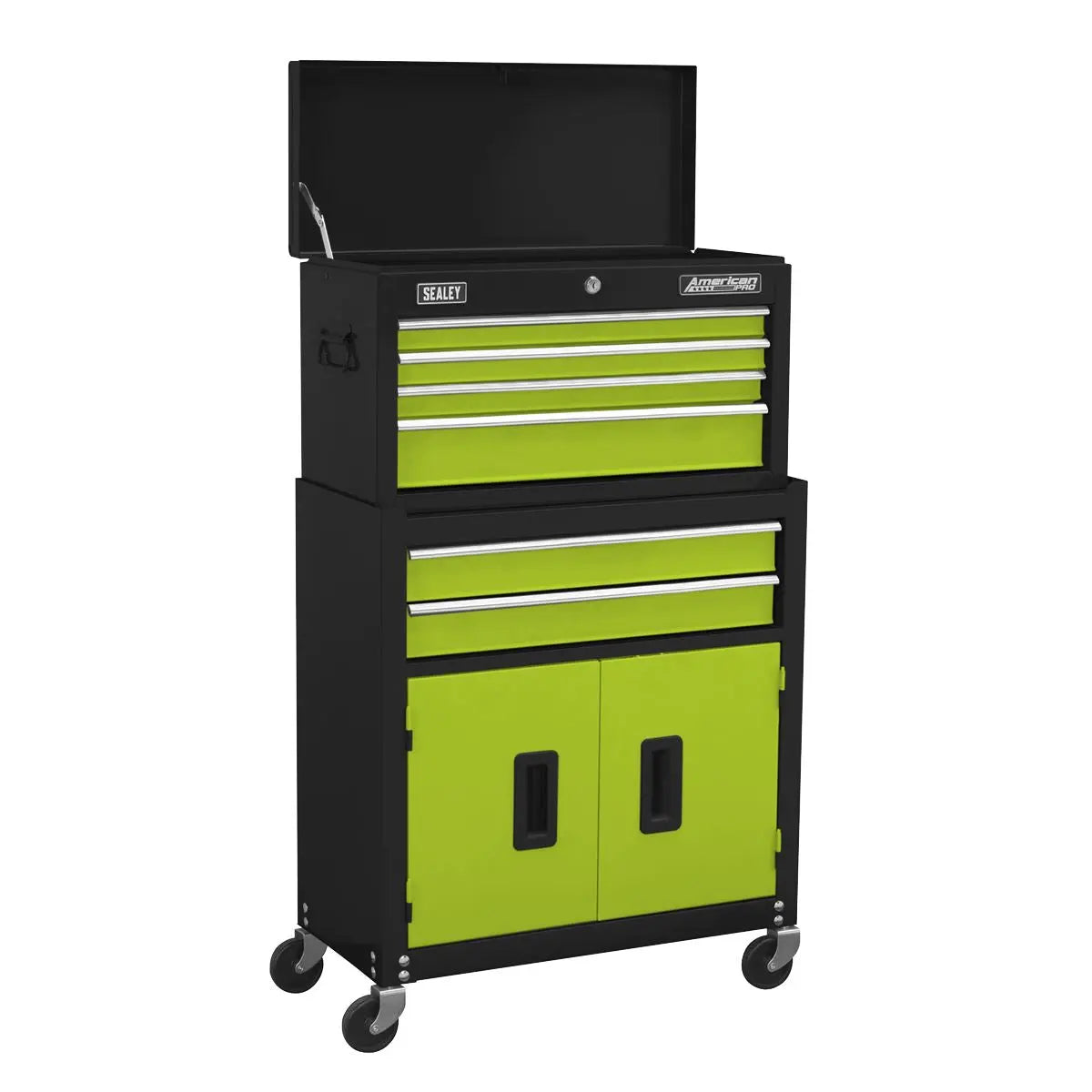 Sealey American Pro Topchest & Rollcab Combination 6 Drawer with Ball-Bearing Slides - Green/Black & 170pc Tool Kit