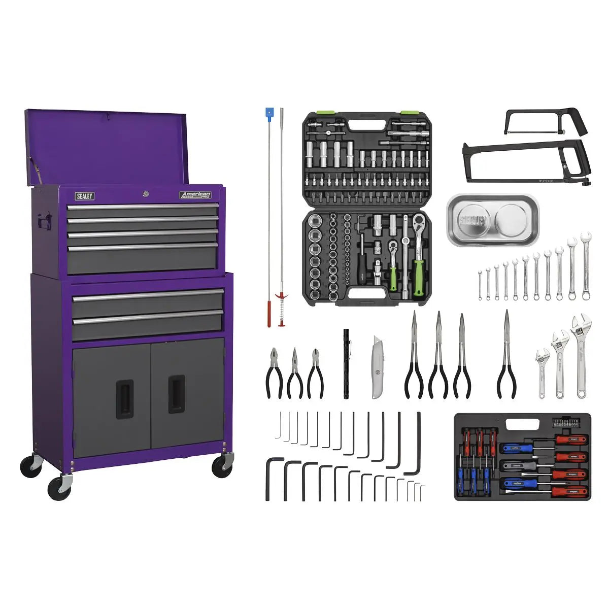 Sealey American Pro Topchest & Rollcab Combination 6 Drawer with Ball-Bearing Slides - Purple/Grey & 170pc Tool Kit