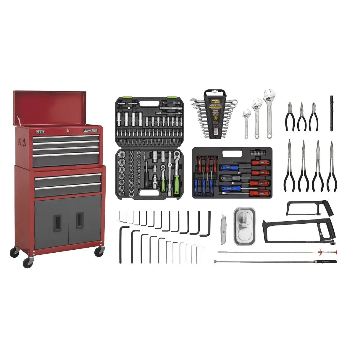 Sealey American Pro Topchest & Rollcab Combination 6 Drawer with Ball-Bearing Slides - Red/Grey & 170pc Tool Kit