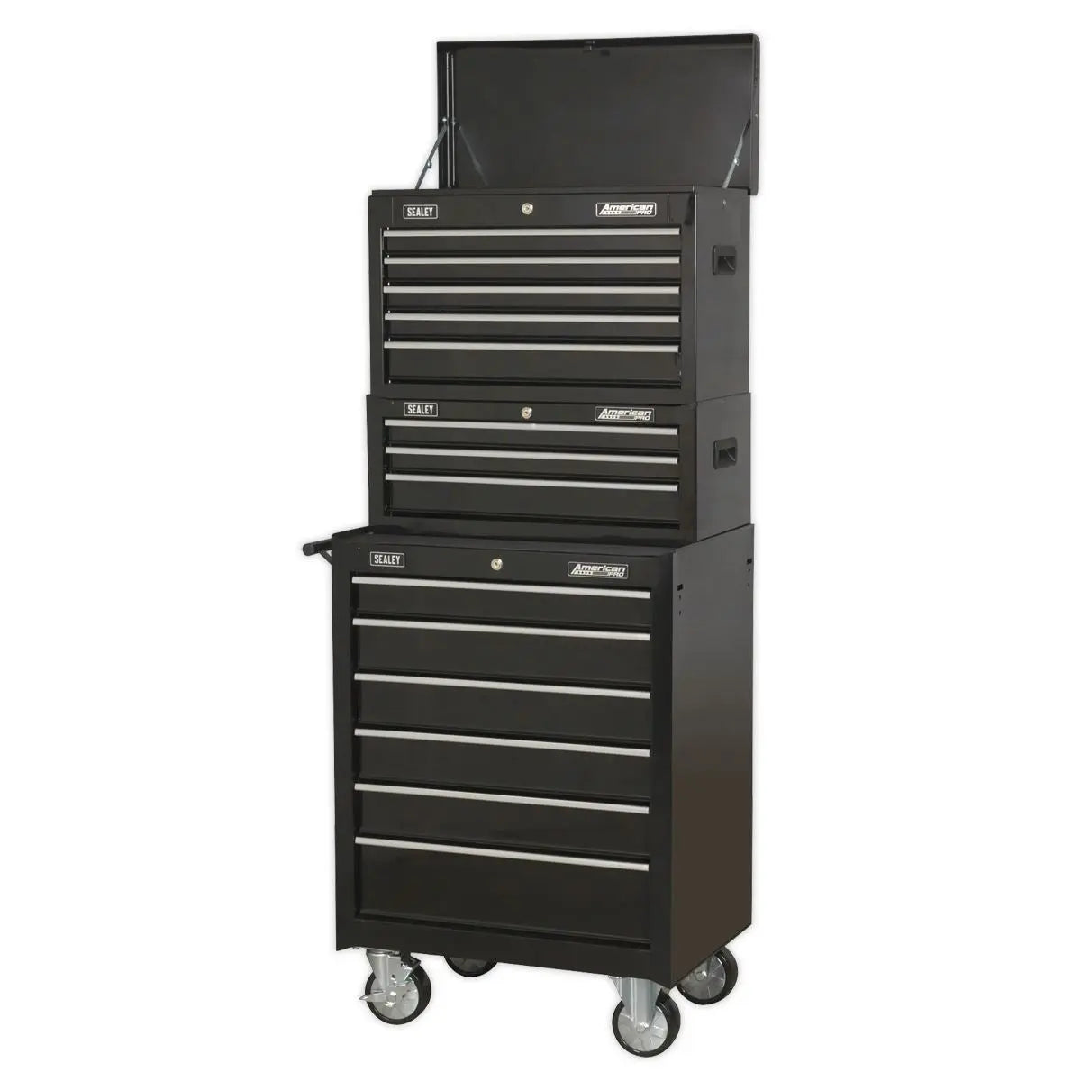 Sealey American Pro Topchest, Mid-Box Tool Chest & Rollcab 14 Drawer Stack - Black