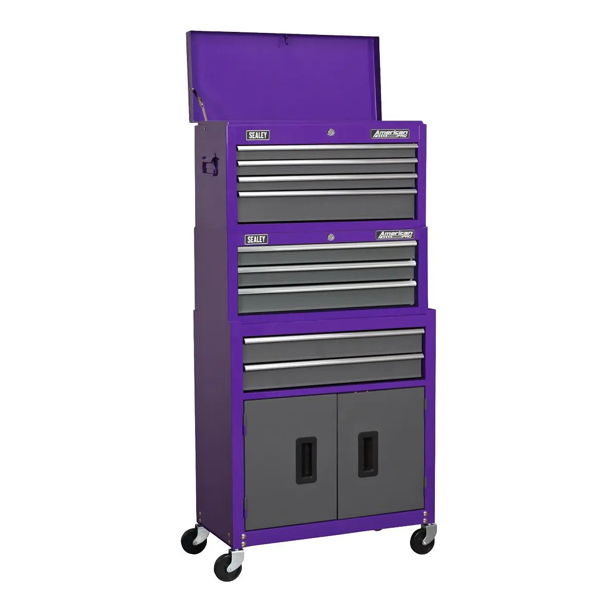 Sealey American Pro Topchest, Mid-Box Tool Chest & Rollcab 9 Drawer Stack - Purple