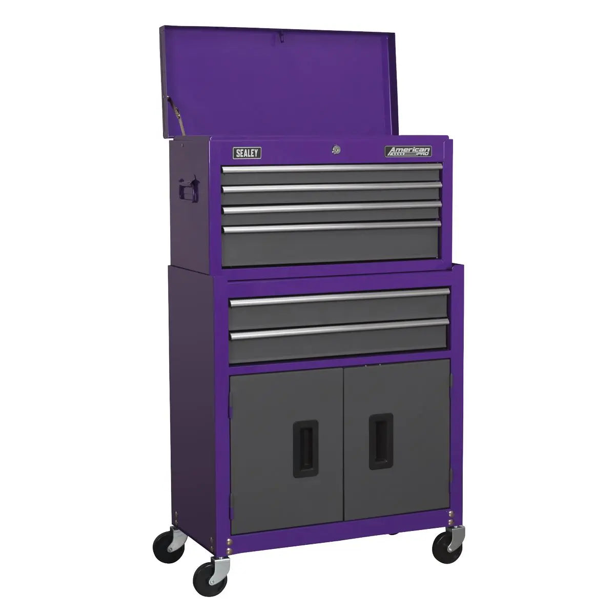 Sealey American Pro Topchest, Mid-Box Tool Chest & Rollcab 9 Drawer Stack - Purple