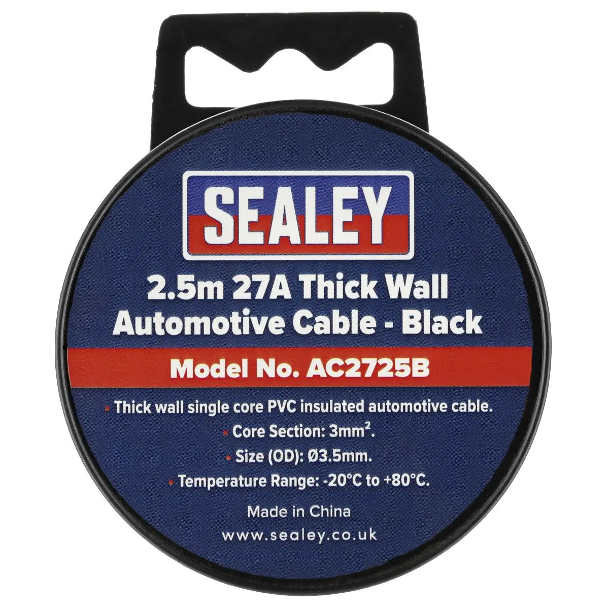 Sealey Automotive Cable Thick Wall 27A 2.5m Black