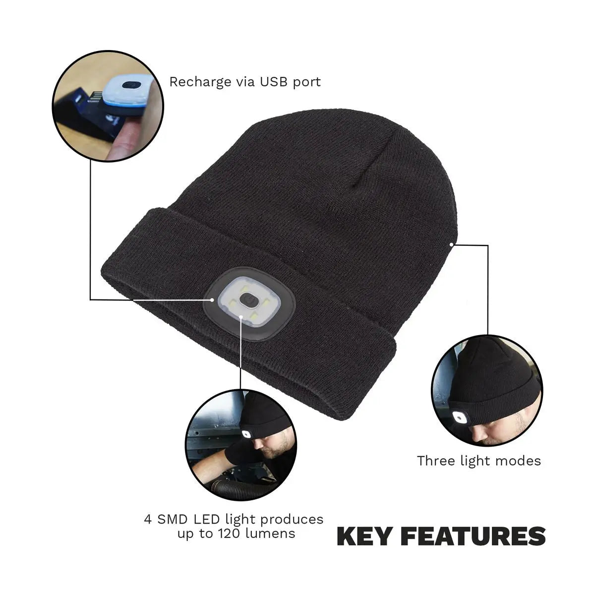 Sealey Beanie Hat 1W SMD LED USB Rechargeable