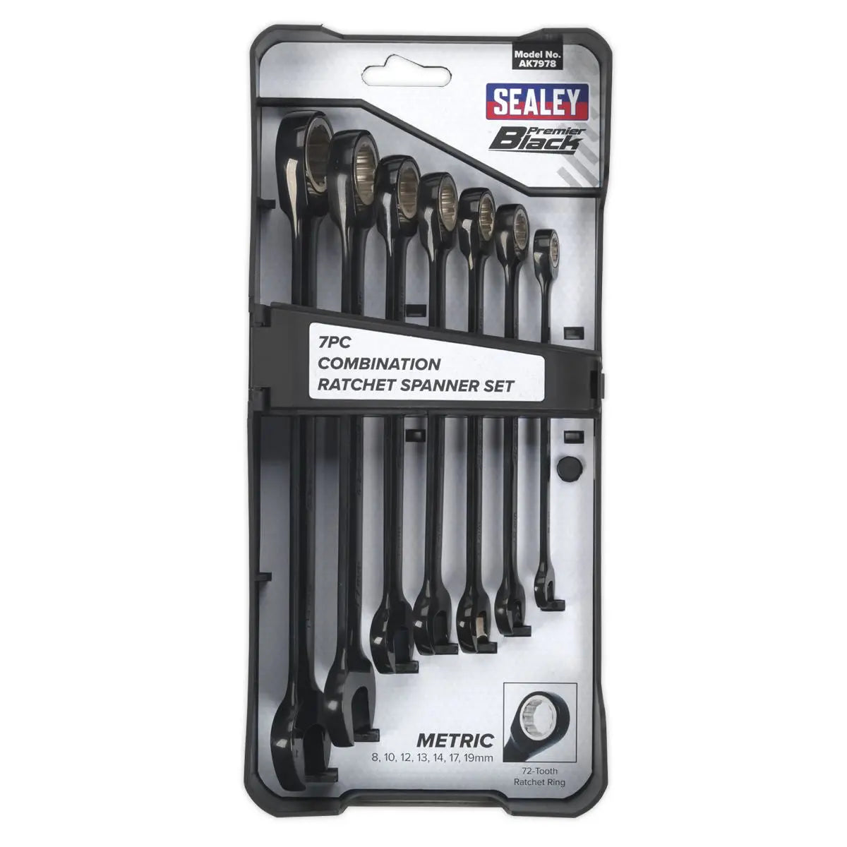 Sealey Black Series 7 Piece Combination Ratchet Spanner Set 8-19mm Slim Style