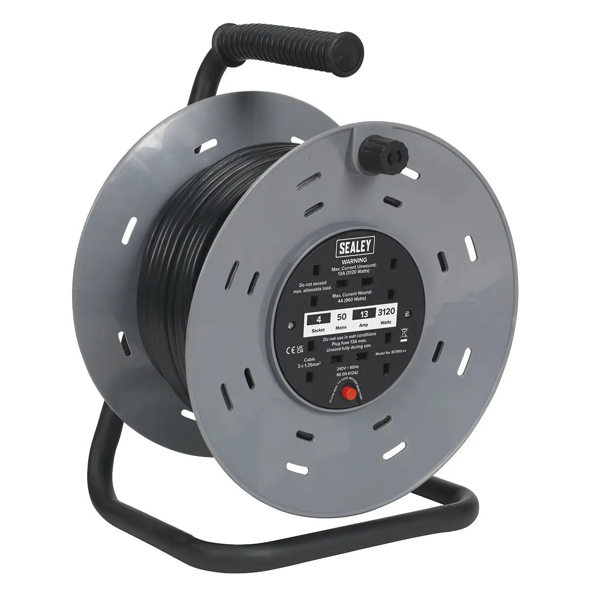 Sealey Cable Reel 50m 4 x 230V 1.25mm² Thermal Trip