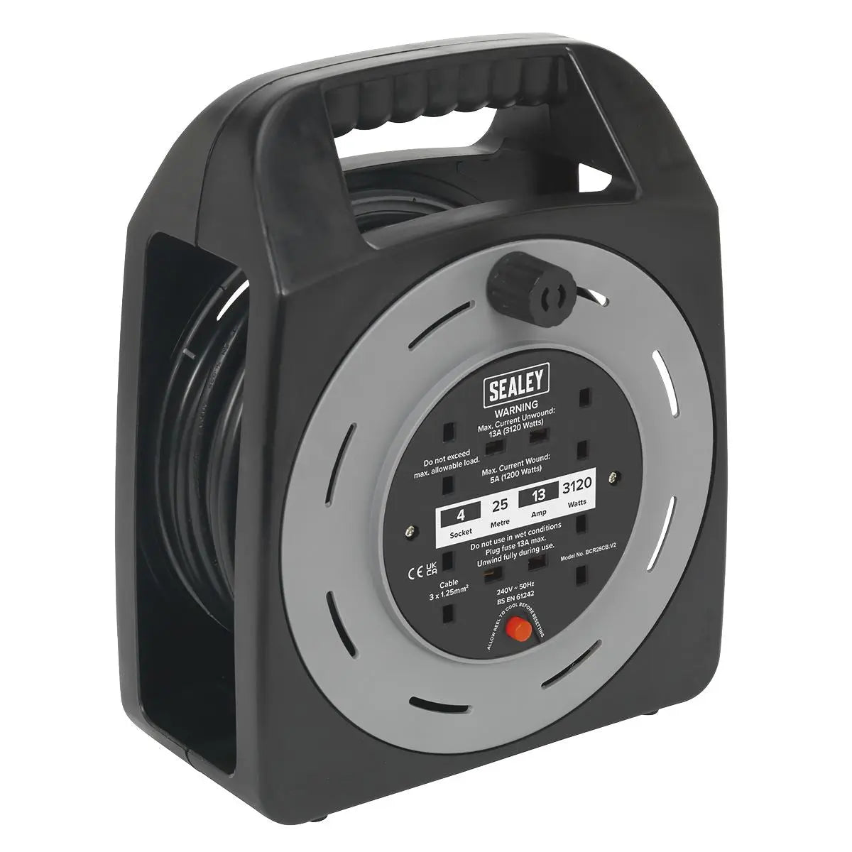 Sealey Cable Reel Box Type 25m 4 x 230V 1.25mm² Thermal Trip